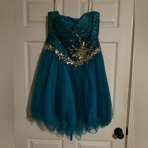 Mac Duggal Teal and Gold Prom Dress